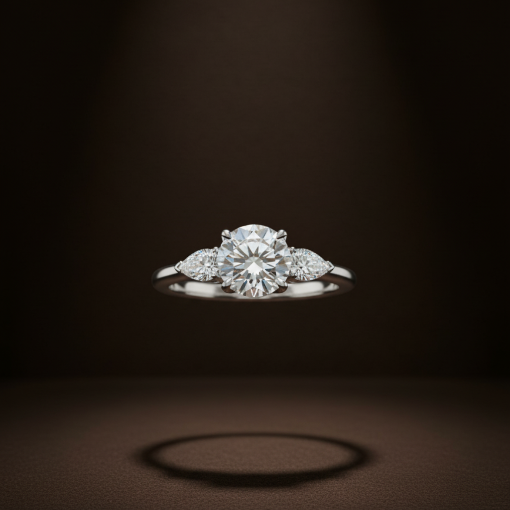 Anillo de compromiso platino con dos diamantes laterales